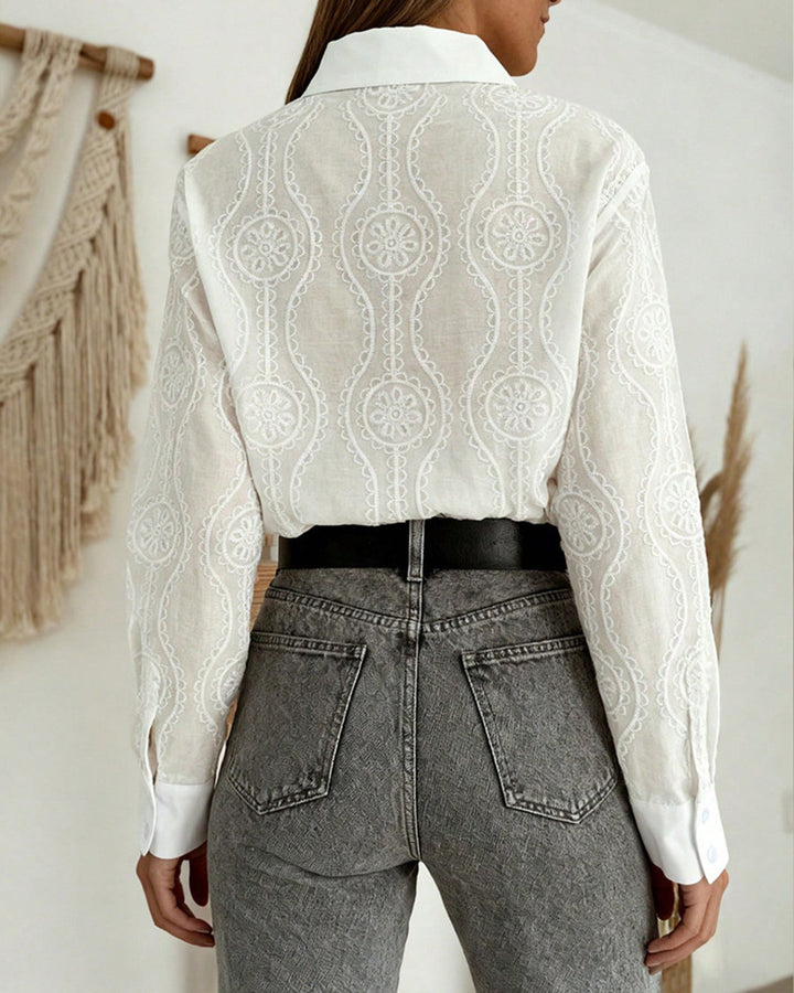 Blouse Dames | Elegante Knoopkraag &amp; Verfijnd Geometrisch Patroon