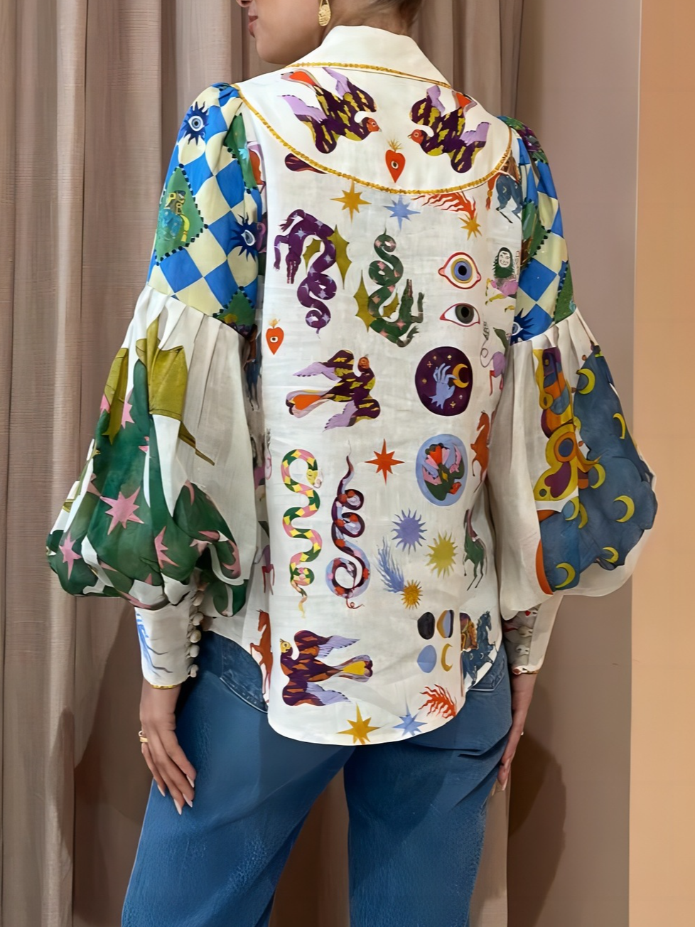 Blouse Dames | Pop-Art Print &amp; Pofmouwen