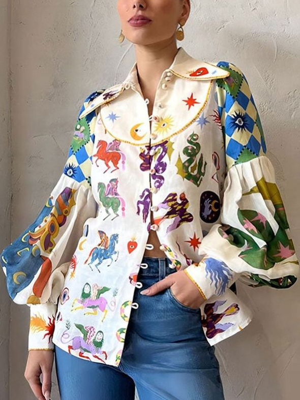 Blouse Dames | Pop-Art Print &amp; Pofmouwen