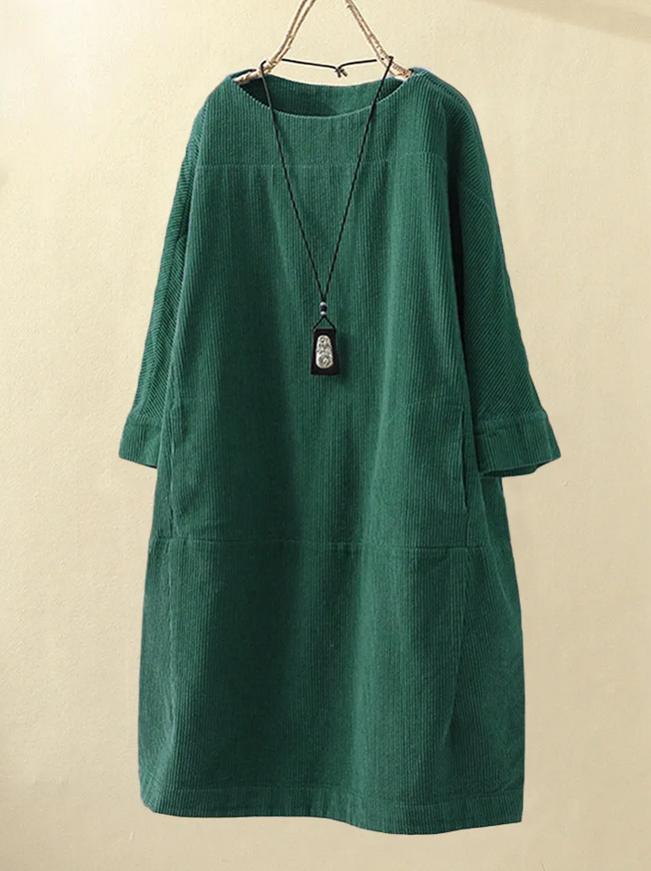 Dames Comfortabele Midi Zomerjurk met Korte Mouw Ribfluweel Design - Robijn