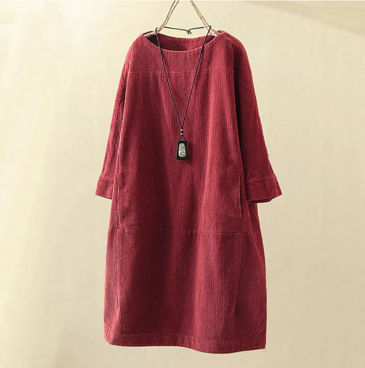 Dames Comfortabele Midi Zomerjurk met Korte Mouw Ribfluweel Design - Robijn