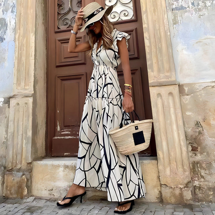 Dames Maxi zomerjurk met V hals en elegant ontwerp met ruches - Mila