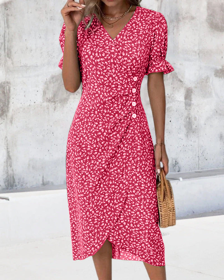 Dames Midi Zomerjurk met Korte Mouwen en V-Hals - Maria