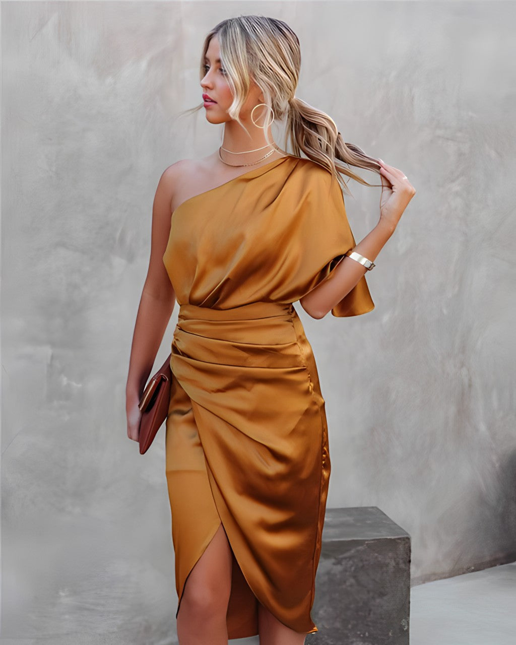Dames One Shoulder Midi Gala Jurk -Genevieve