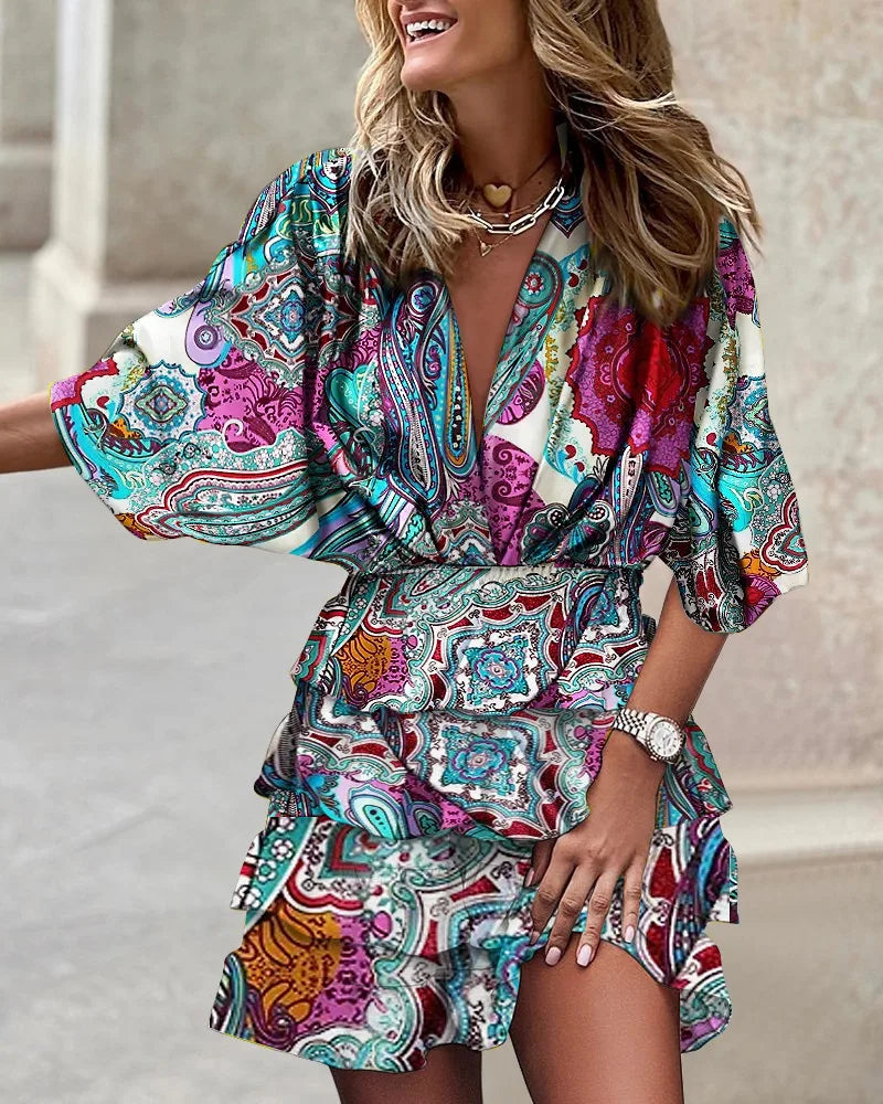 Dames Stijlvol Print Flatterend Uitgesneden met Elastische Taille Mini Zomerjurk - Caroline