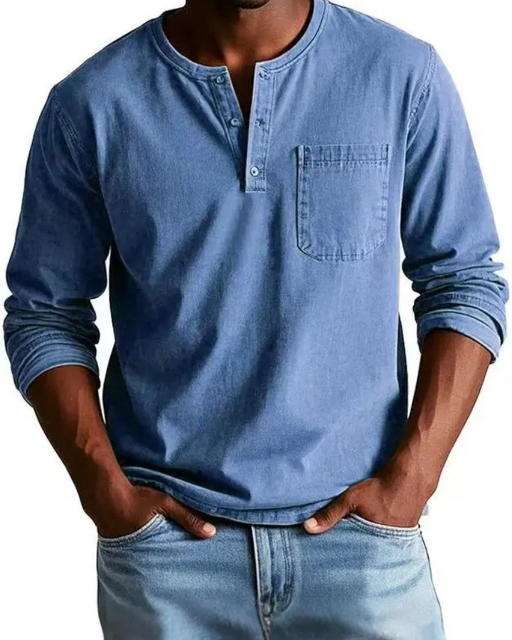 Denim Shirt Heren | Henley Halslijn &amp; Praktische Borstzak