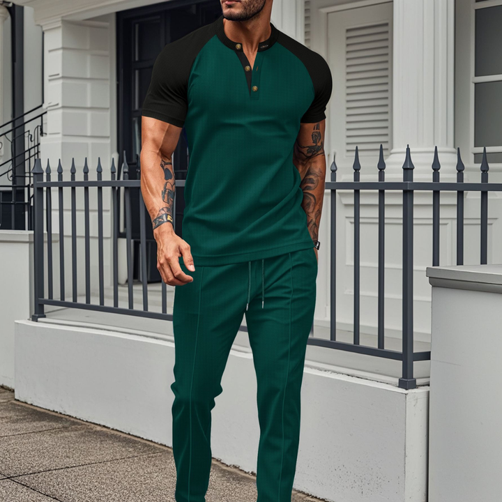 Lounge Set | Wafel Shirt met Contrastmouwen &amp; Joggingbroek
