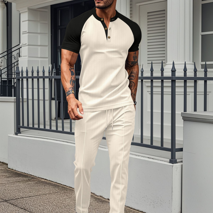 Lounge Set | Wafel Shirt met Contrastmouwen &amp; Joggingbroek