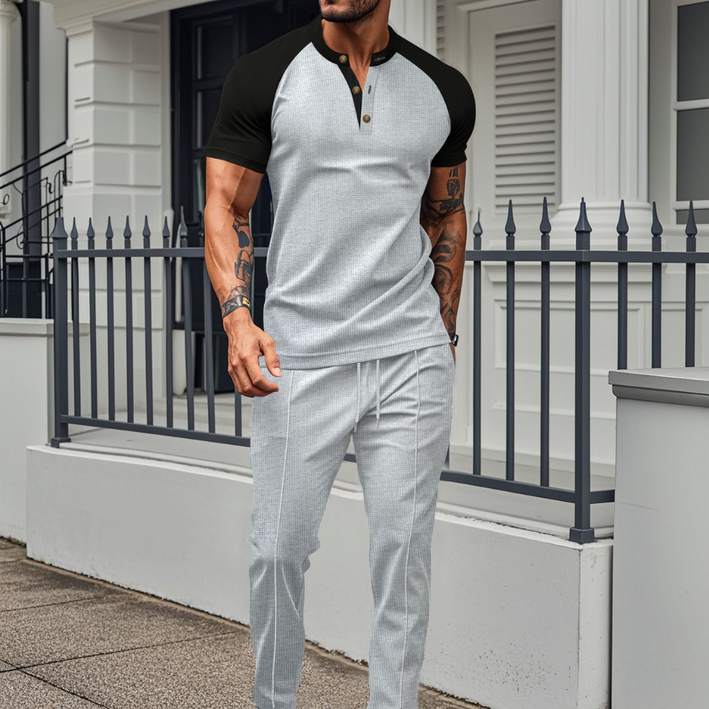 Lounge Set | Wafel Shirt met Contrastmouwen &amp; Joggingbroek