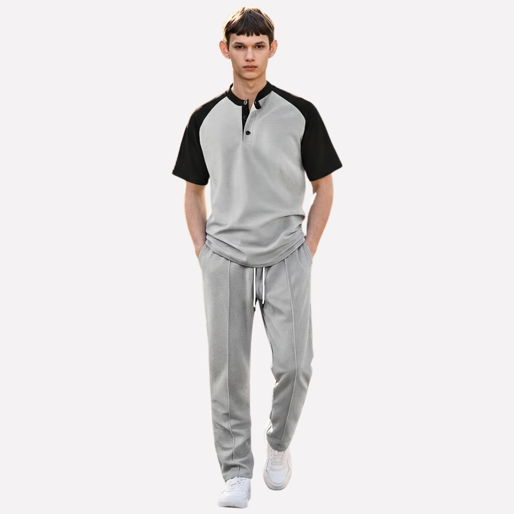 Lounge Set | Wafel Shirt met Contrastmouwen &amp; Joggingbroek