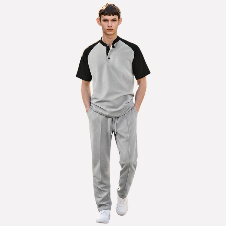 Lounge Set | Wafel Shirt met Contrastmouwen &amp; Joggingbroek