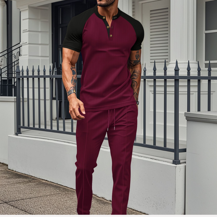 Lounge Set | Wafel Shirt met Contrastmouwen &amp; Joggingbroek