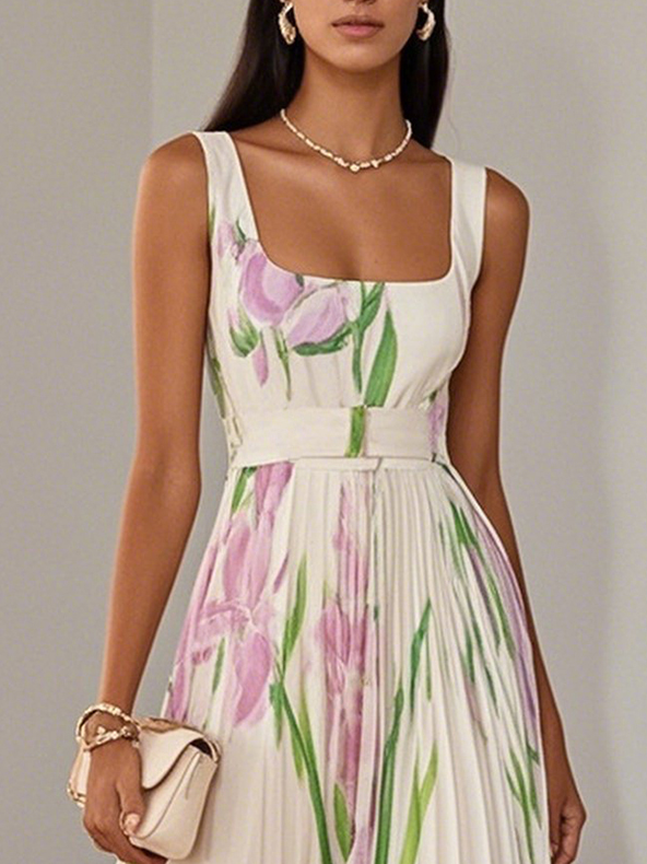 Maxi Jurk Dames | Elegante Bloemenprint &amp; Geplooide Rok