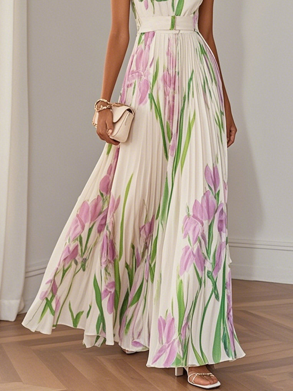 Maxi Jurk Dames | Elegante Bloemenprint &amp; Geplooide Rok