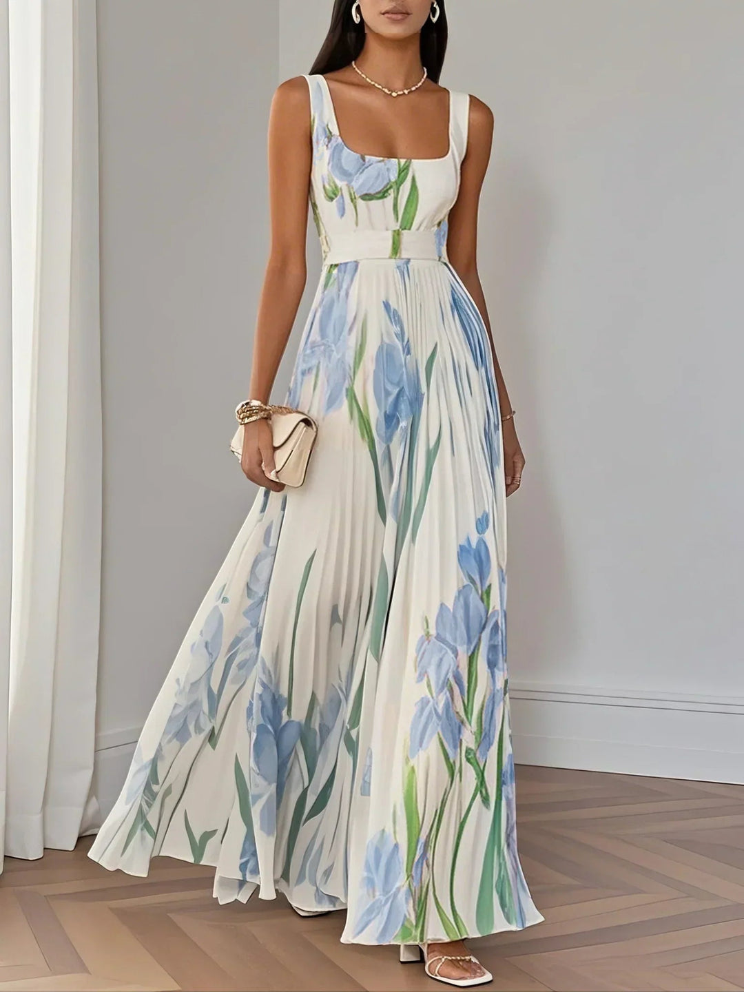 Maxi Jurk Dames | Elegante Bloemenprint &amp; Geplooide Rok
