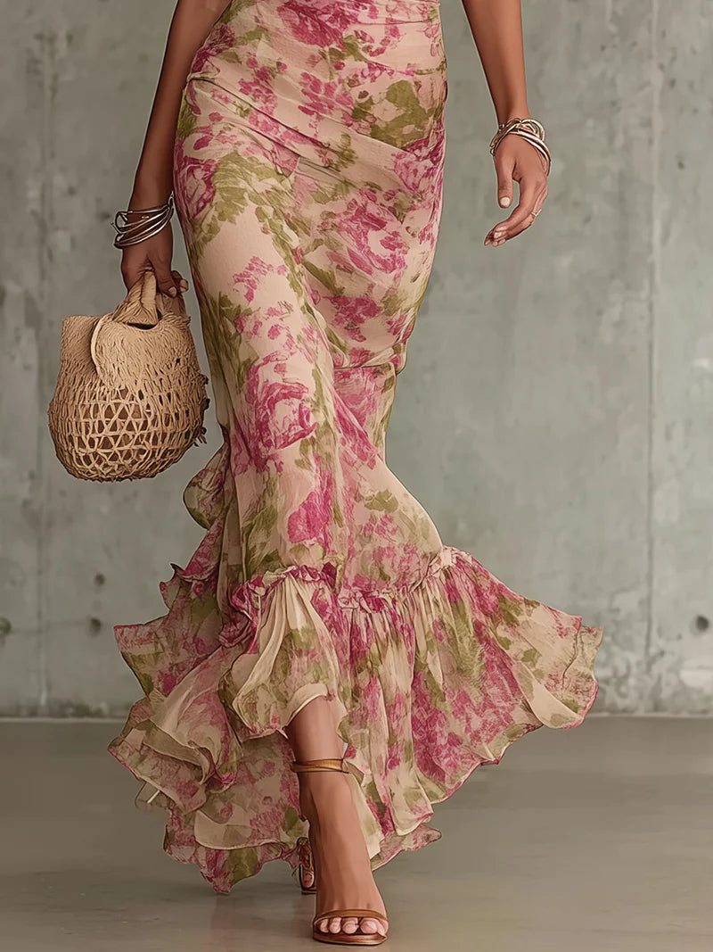 Maxi Jurk Dames | Romantische Rozenprint &amp; Vloeiend Vintage Silhouet