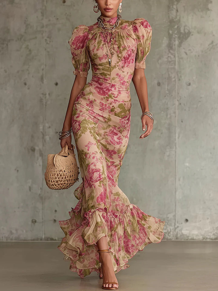 Maxi Jurk Dames | Romantische Rozenprint &amp; Vloeiend Vintage Silhouet