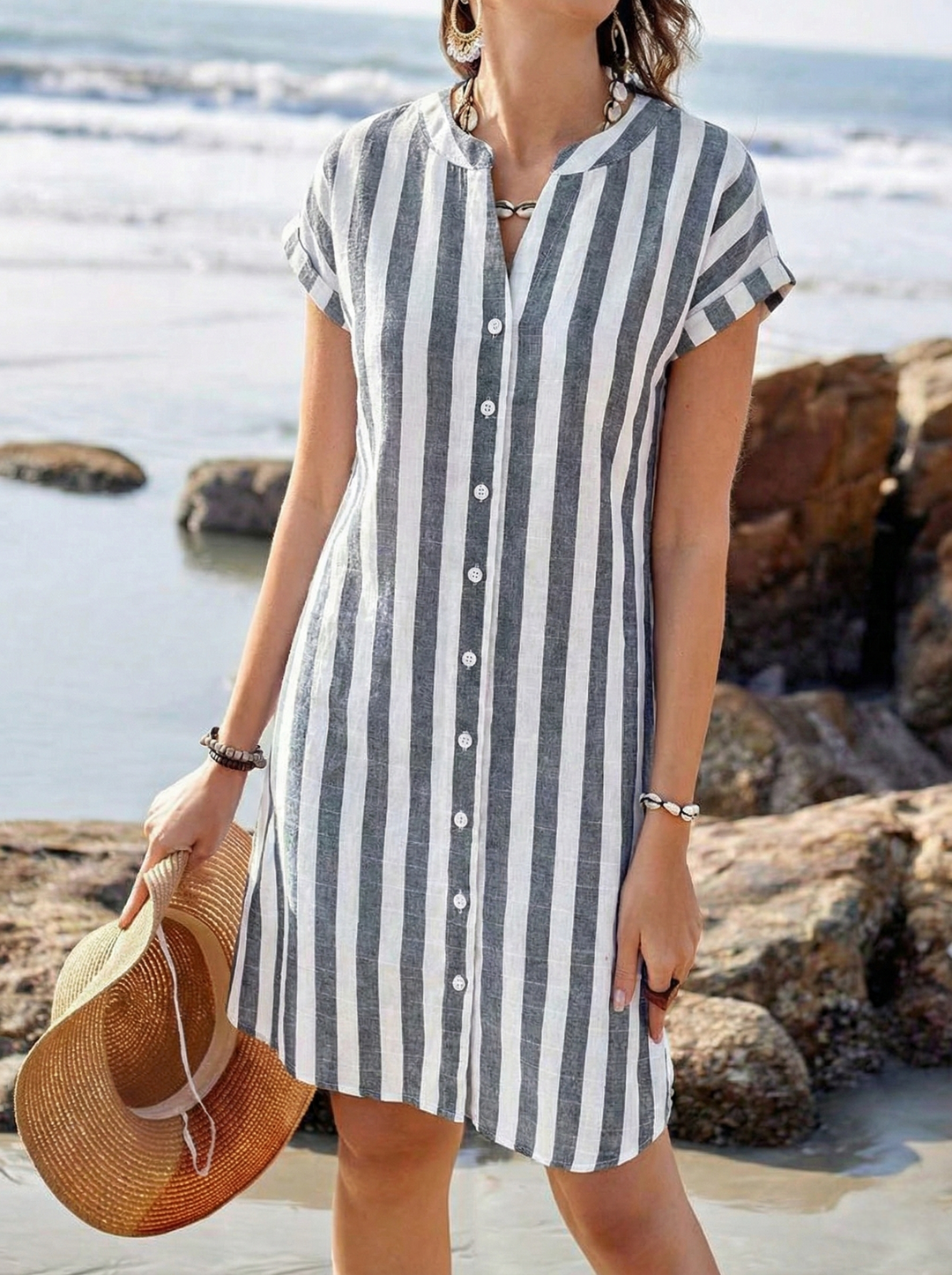 Midi jurk Dames | Gestreept Design &amp; Figuurverlengend Effect