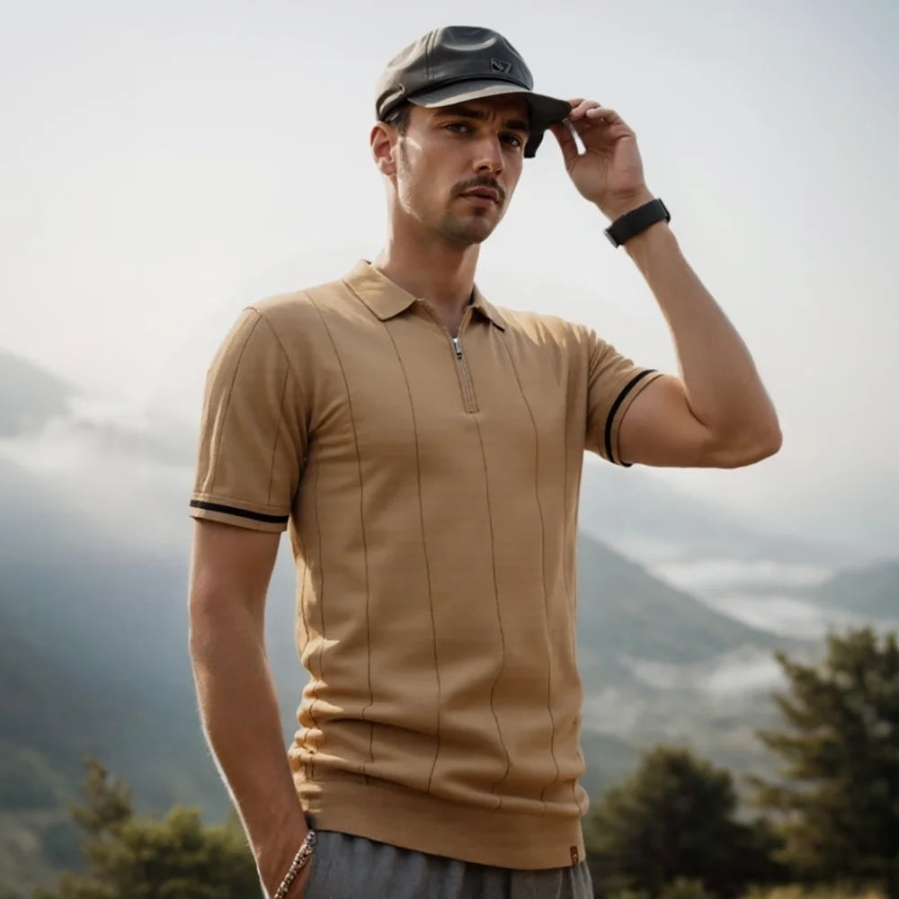 Polo Shirt Heren | Gebreid met Ritssluiting &amp; Verticale Lijnen