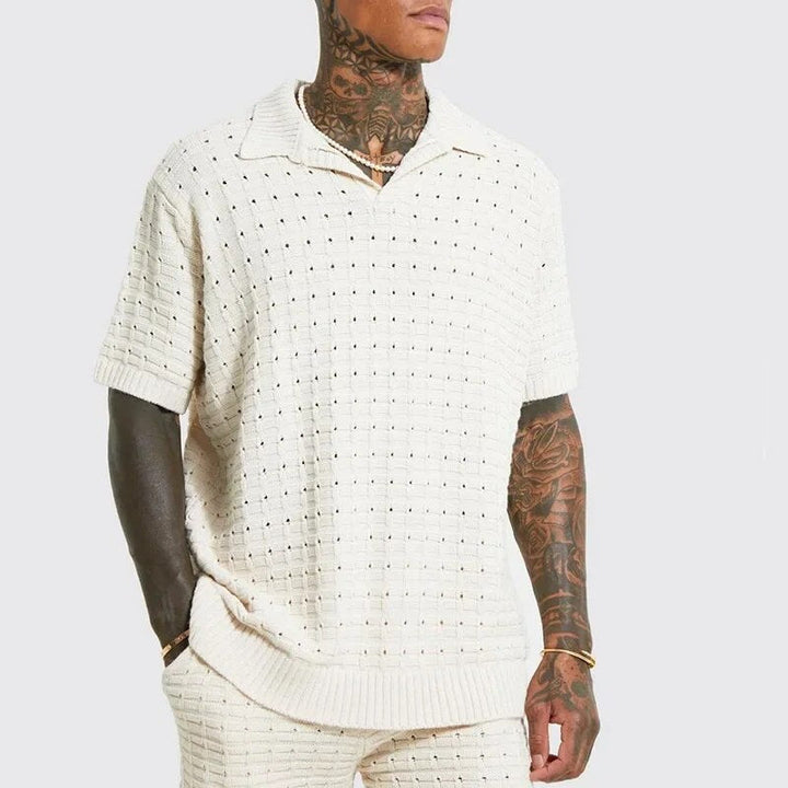 Poloshirt Heren | Gebreid Open-Knit Texture &amp; V-hals Kraag