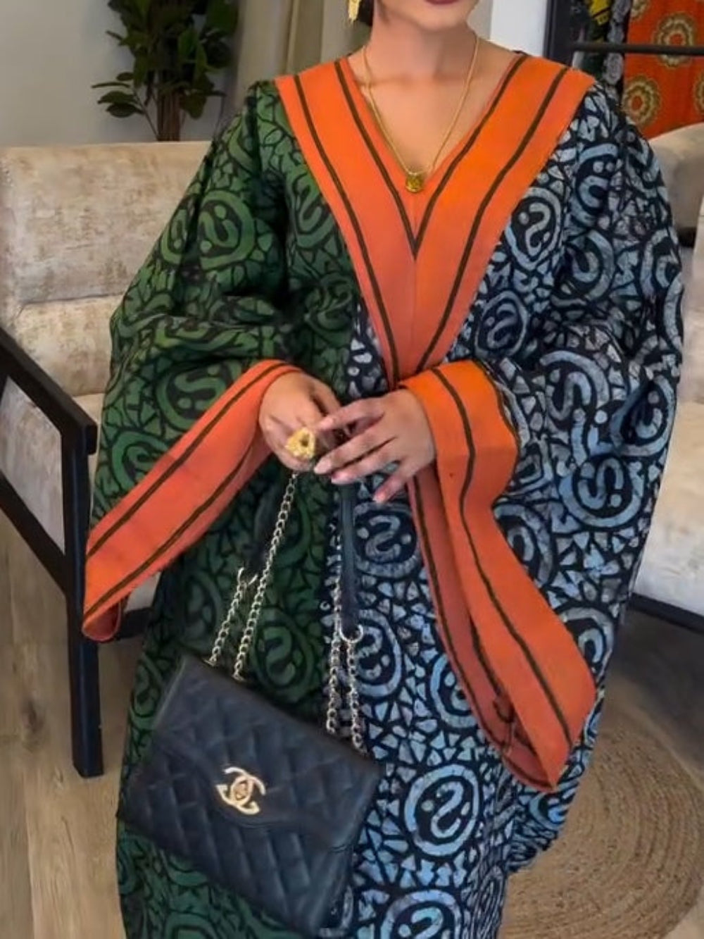 Print Maxi Jurk Dames | Afrikaanse Kaftan met Diepe V-Hals