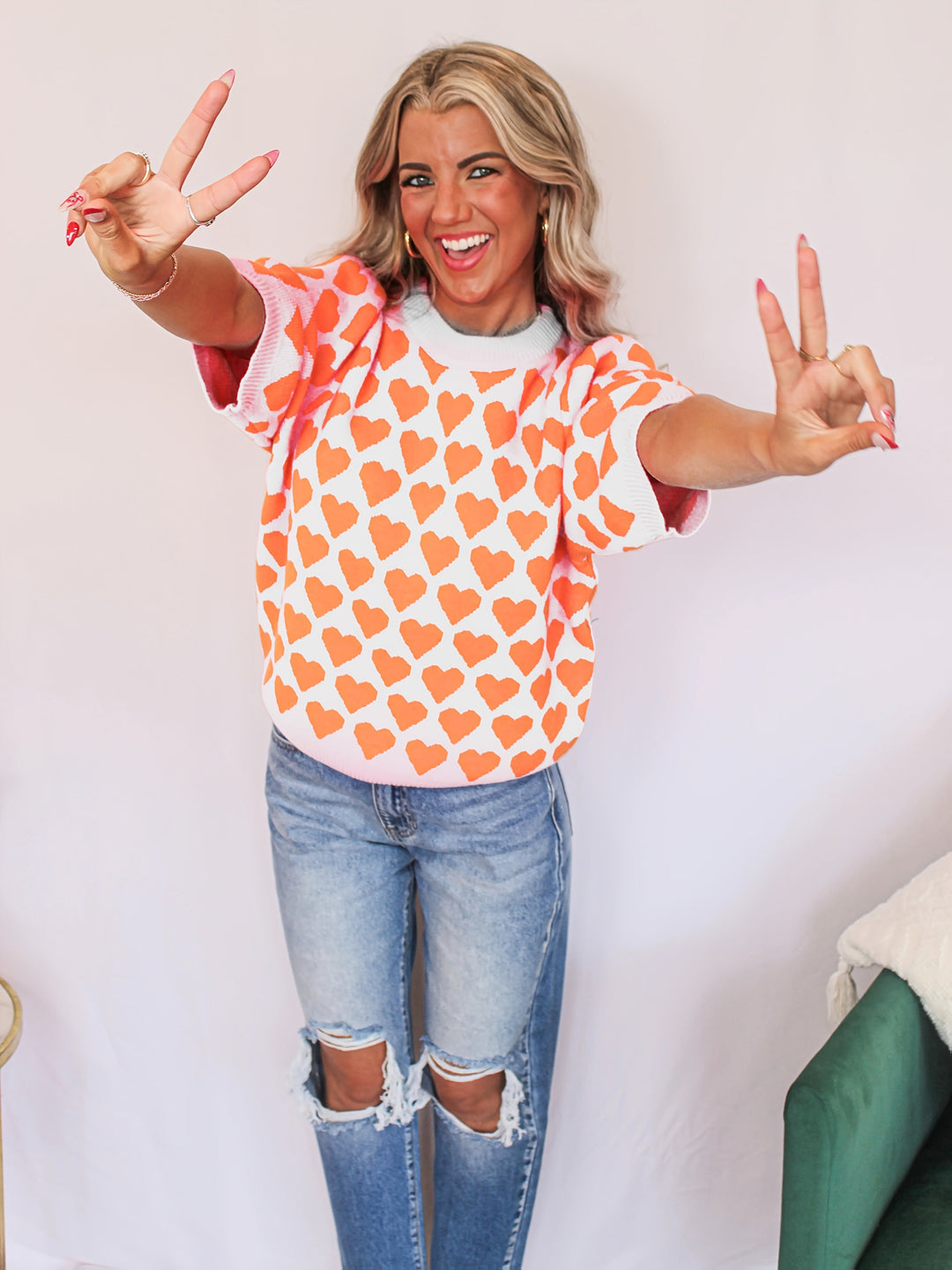 Trui Dames met Hartprint | Korte Mouw &amp; Comfortabele Pasvorm