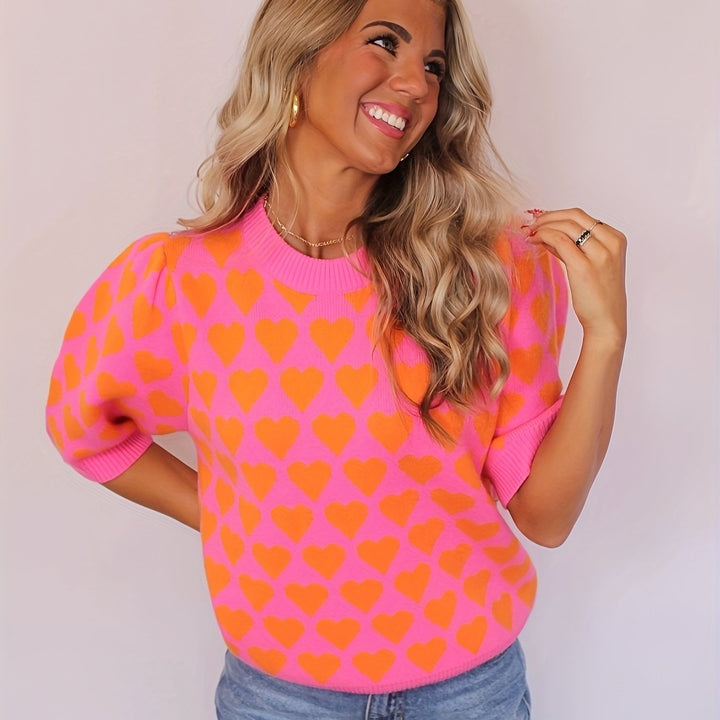 Trui Dames met Hartprint | Korte Mouw &amp; Comfortabele Pasvorm