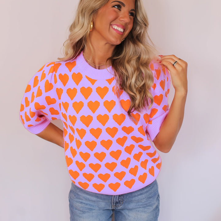 Trui Dames met Hartprint | Korte Mouw &amp; Comfortabele Pasvorm