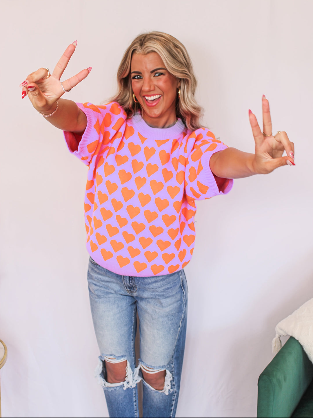 Trui Dames met Hartprint | Korte Mouw &amp; Comfortabele Pasvorm