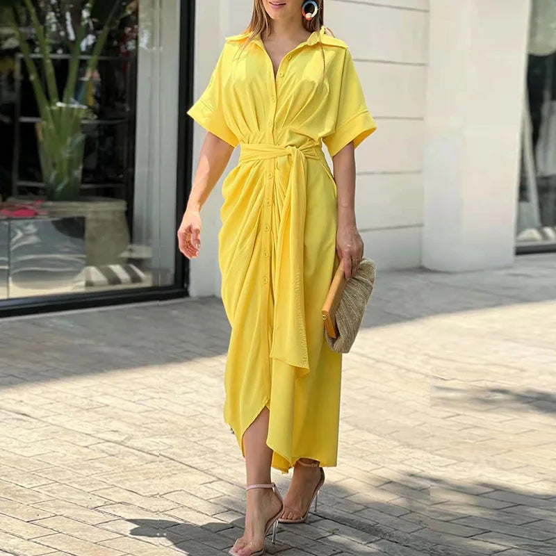 Vrouwen Chic Stijl Buttoned Down Riem Midi Zomerjurk - Emma