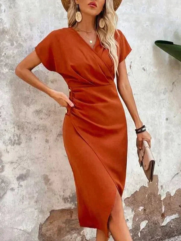 Vrouwen Elegante V Hals Luxe Satijn Korte Mouwen Midi Zomerjurk - EvaMaria