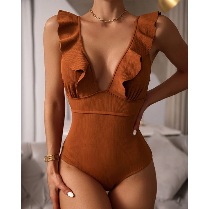 Zwempak Dames | Boho Ruches &amp; Diepe V-hals